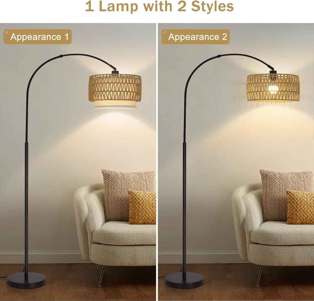 Rattan Floor Lamp, Dimmable Arc Floor Lamps for Living Room მინიატურა 2