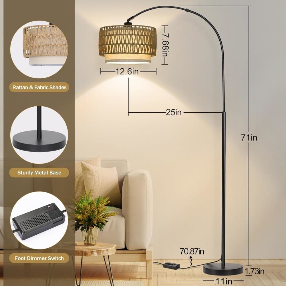 Rattan Floor Lamp, Dimmable Arc Floor Lamps for Living Room მინიატურა 3