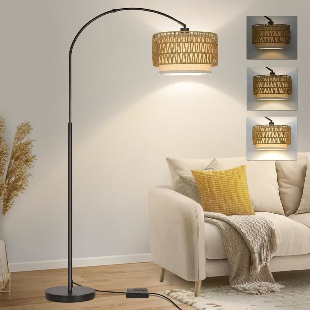 Rattan Floor Lamp, Dimmable Arc Floor Lamps for Living Room - ფოტო 1